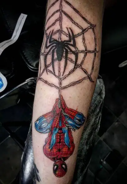 Spider Web and Upside Down Spiderman Arm Tattoo