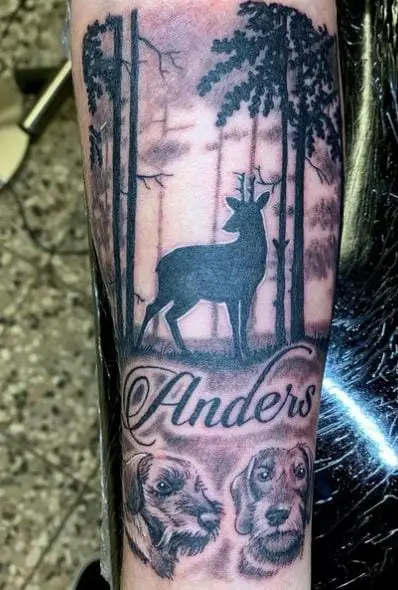 Forest, Deer, and Hunting Dogs Arm Tattoo