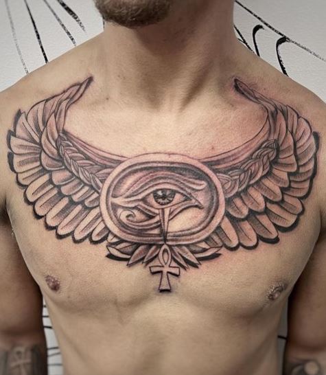 Eye of Ra with Wings and Ankh Chest Tattoo