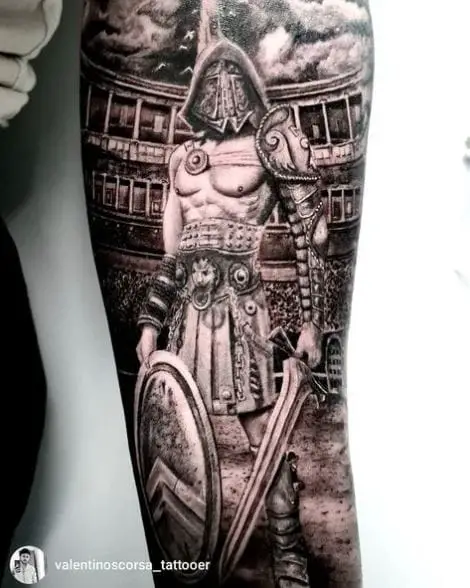 Colosseum and Gladiator with Shield and Sward Arm Tattoo