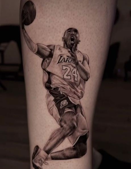 Black and Grey Kobe Bryant Layup Leg Tattoo