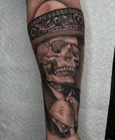 Black and Grey Mariachi Skull Forearm Tattoo