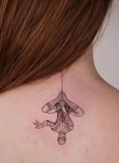 Hanging Upside Down Spiderman Back Tattoo