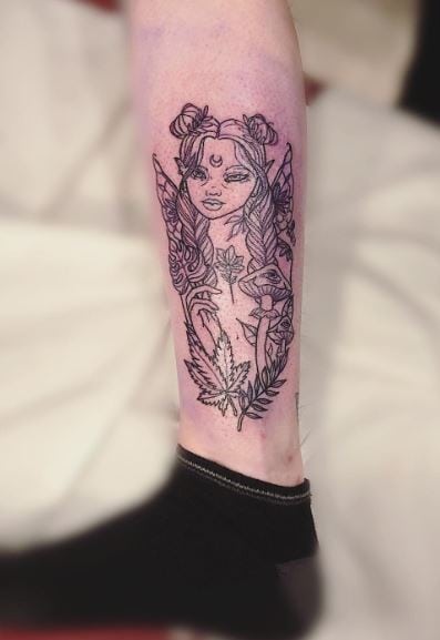 Black and Grey Floral Fairy Calf Tattoo