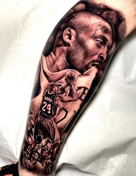Black and Grey Kobe Bryant Jump Shot Leg Tattoo