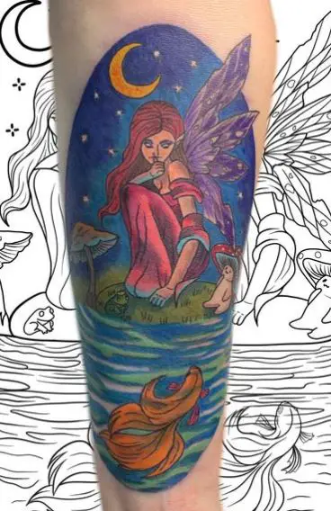 Colorful Crescent and Fairy with Mushrooms Arm Tattoo