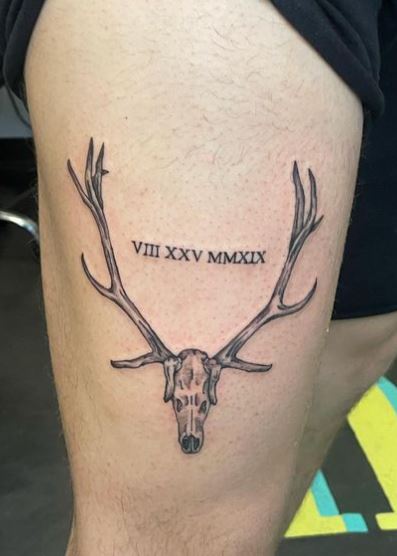 Deer Skull with Roman Numbers Thigh Tattoo