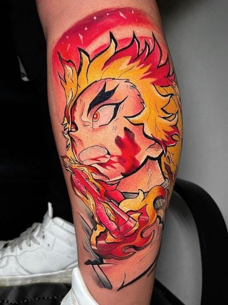 Colorful Angry Kyojuro Rengoku Leg Tattoo