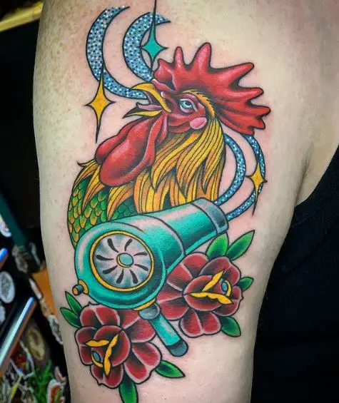 Colorful Flowers and Rooster with Binocular Arm Tattoo