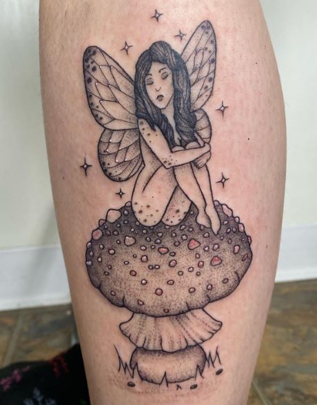 Black and Grey Mushroom and Sleeping Fairy Leg Tattoo