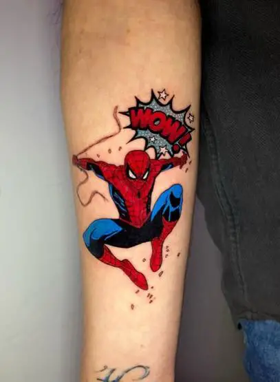 Swinging Comic Spiderman Forearm Tattoo