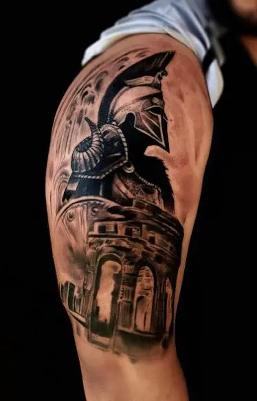Colosseum and Gladiator with Helmet Arm Tattoo