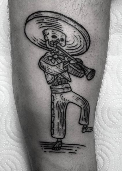 Mariachi Skeleton Playing Trumpet Forearm Tattoo