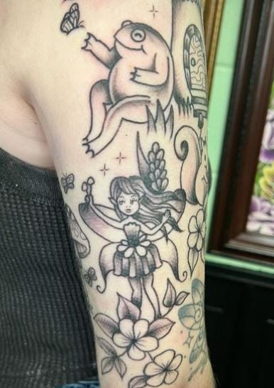 Grey Shaded Frog and Fairy with Flowers Arm Tattoo