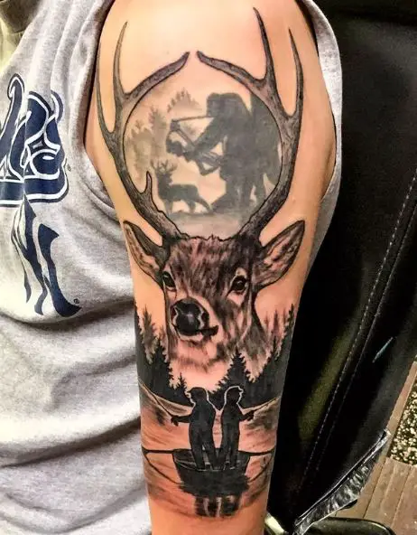 Mountain Landscape and Deer Hunting with Bow and Arrow Arm Tattoo