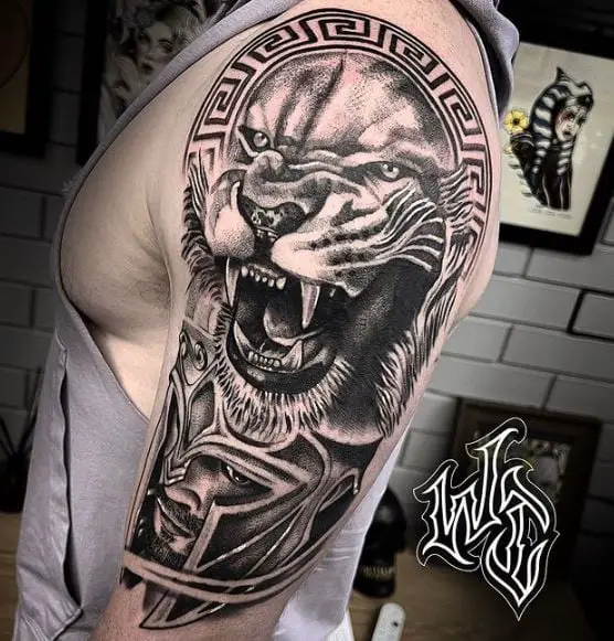 Lion and Gladiator Arm Tattoo