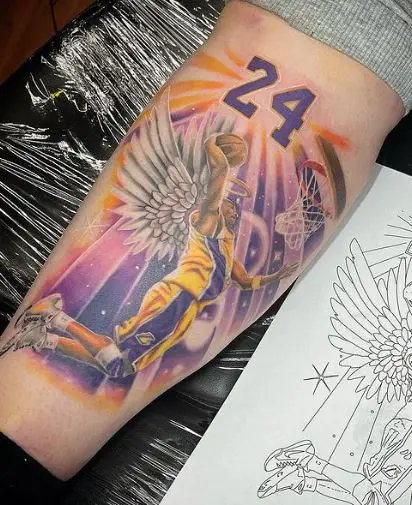 Kobe Bryant with Angel Wings Slam Dunk Leg Tattoo