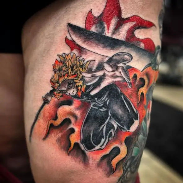 Fire and Jumping Kyojuro Rengoku Thigh Tattoo