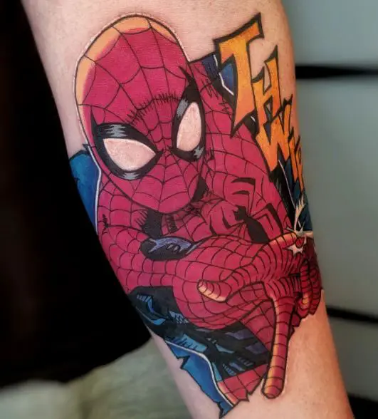 Comic Spiderman Shooting Web Arm Tattoo