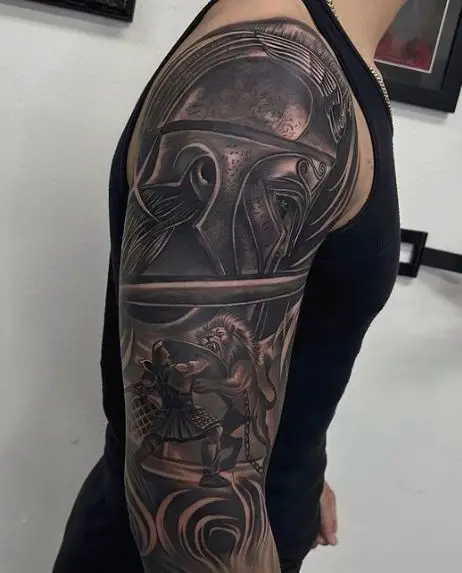 Gladiator in Battle with Lion Arm Tattoo