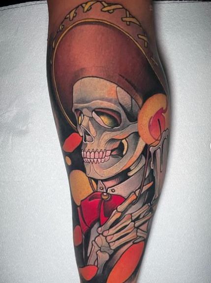 Colorful Candle and Mariachi Skeleton Tattoo