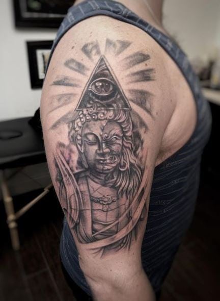 Buddha and All Seeing Eye Arm Tattoo