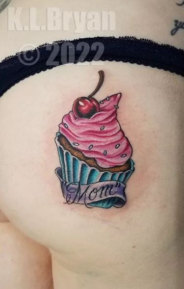 Colorful Cupcake with Cherry Butt Tattoo