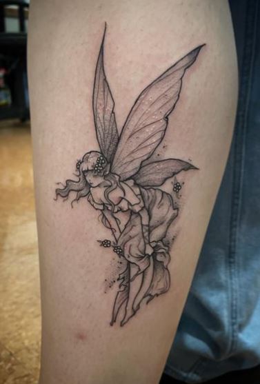 Grey Shaded Fairy with Flowers Calf Tattoo