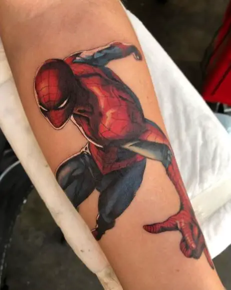 Running Comic Spiderman Forearm Tattoo