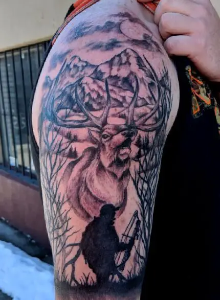 Deer Hunting with Hunting Bow and Arrow Arm Tattoo