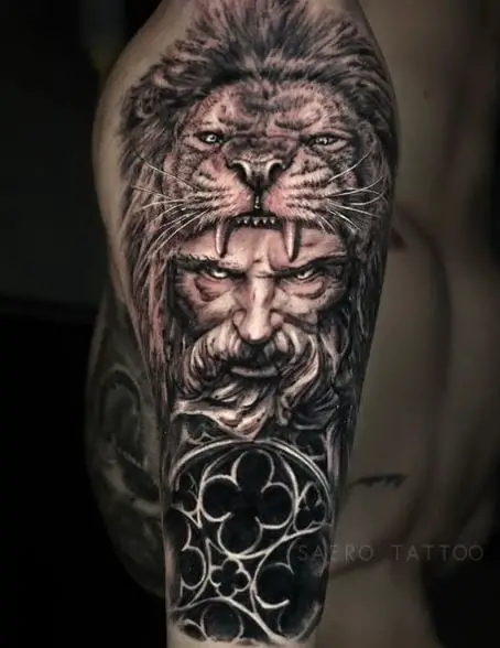 Realistic Lion and Greek Warrior Arm Tattoo