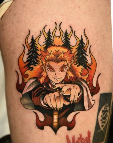 Burning Forest and Kyojuro Rengoku Thigh Tattoo