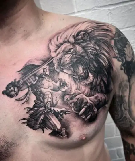 Lion and Greek Warrior Chest Tattoo