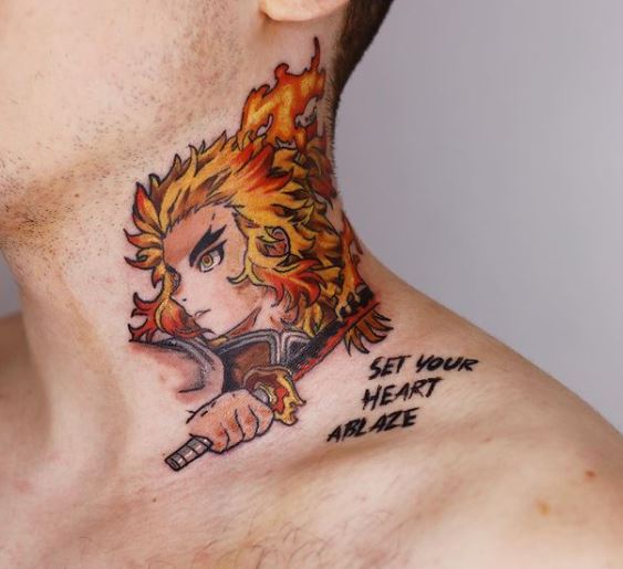 Lettering and Kyojuro Rengoku with Sword Neck Tattoo