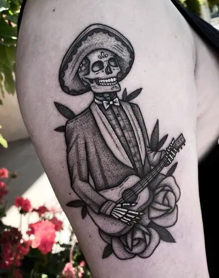 Black and Grey Roses and Mariachi Skeleton Arm Tattoo