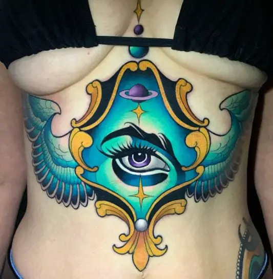 Colored All Seeing Eye with Stars and Planets Stomach Tattoo