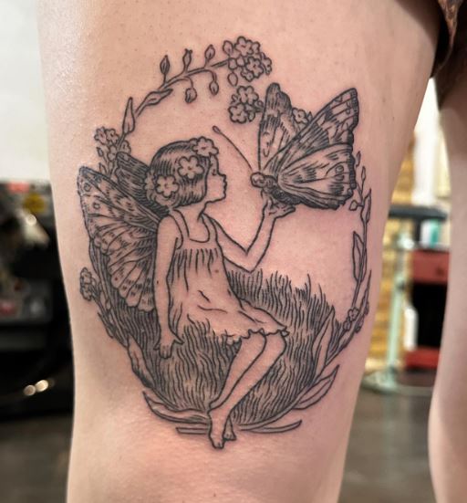 Black and Grey Butterfly and Fairy with Flowers Thigh Tattoo