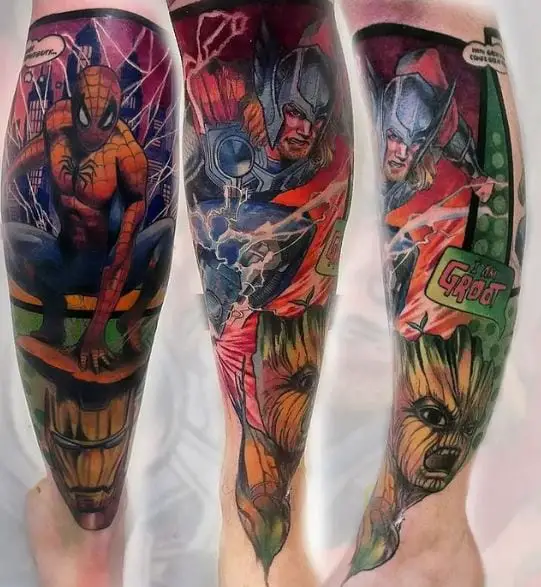 Comic Book Scene and Spiderman Leg Sleeve Tattoo