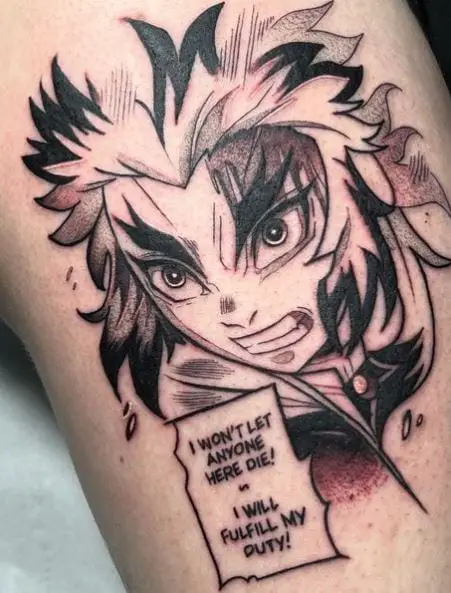 Black and Grey Kyojuro Rengoku with Message Tattoo