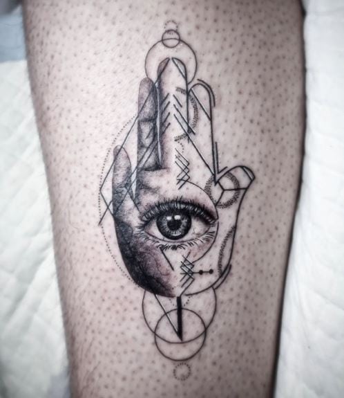 Black and Grey Hamsa Hand and All Seeing Eye Tattoo