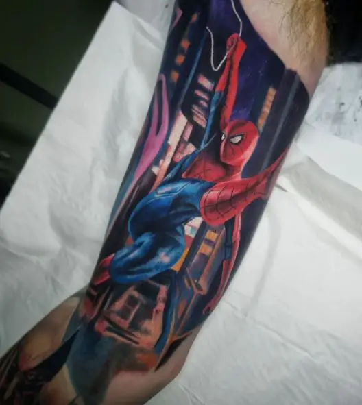 City at Night and Spiderman Arm Tattoo