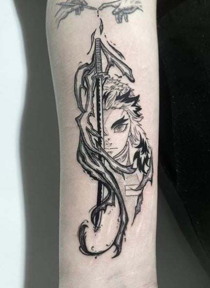 Black and Grey Kyojuro Rengoku with Sword Forearm Tattoo