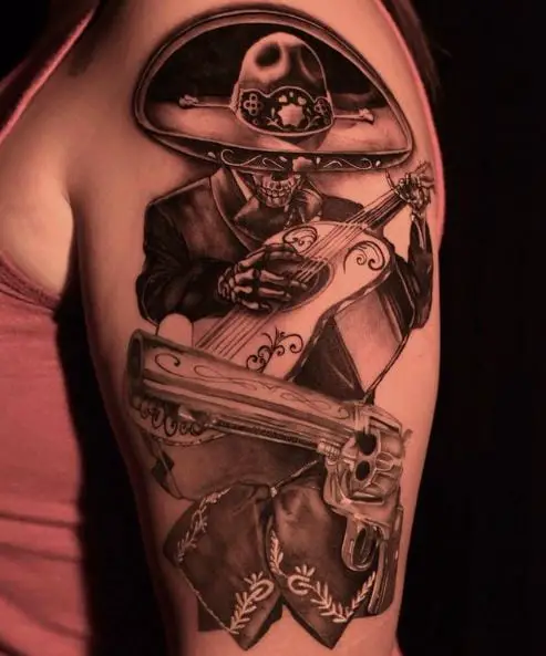 Gun and Mariachi Skeleton Playing Guitarron Arm Tattoo