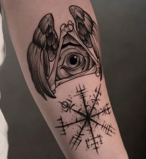 Black and Grey All Seeing Eye with Wings Forearm Tattoo