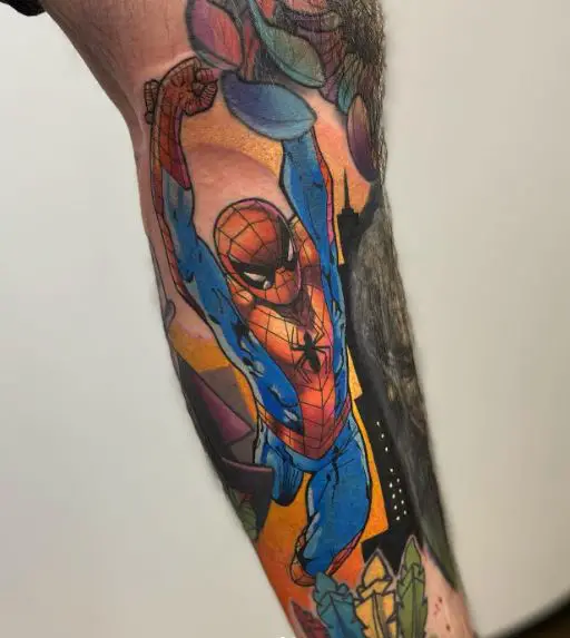 Colorful Swinging Spiderman Leg Tattoo