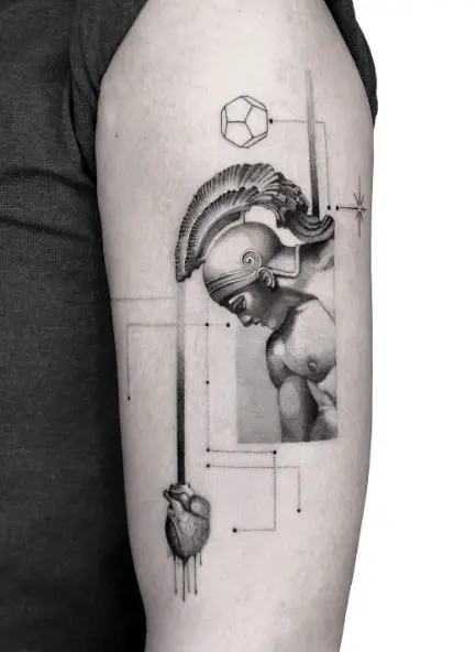 Grey Shaded Greek Warrior with Helmet Arm Tattoo