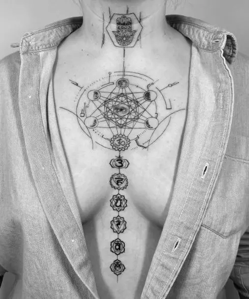 All Seeing Eye with Chakra Symbols Chest Tattoo