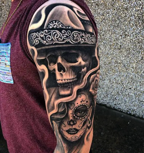 Black and Grey La Catrina and Charro Skull Arm Tattoo