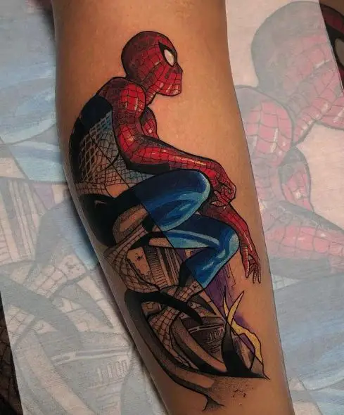Colored Crouching Spiderman Forearm Tattoo