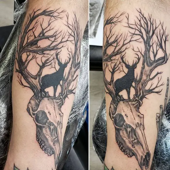 Silhouette of Deer and Deer Skull Leg Tattoo